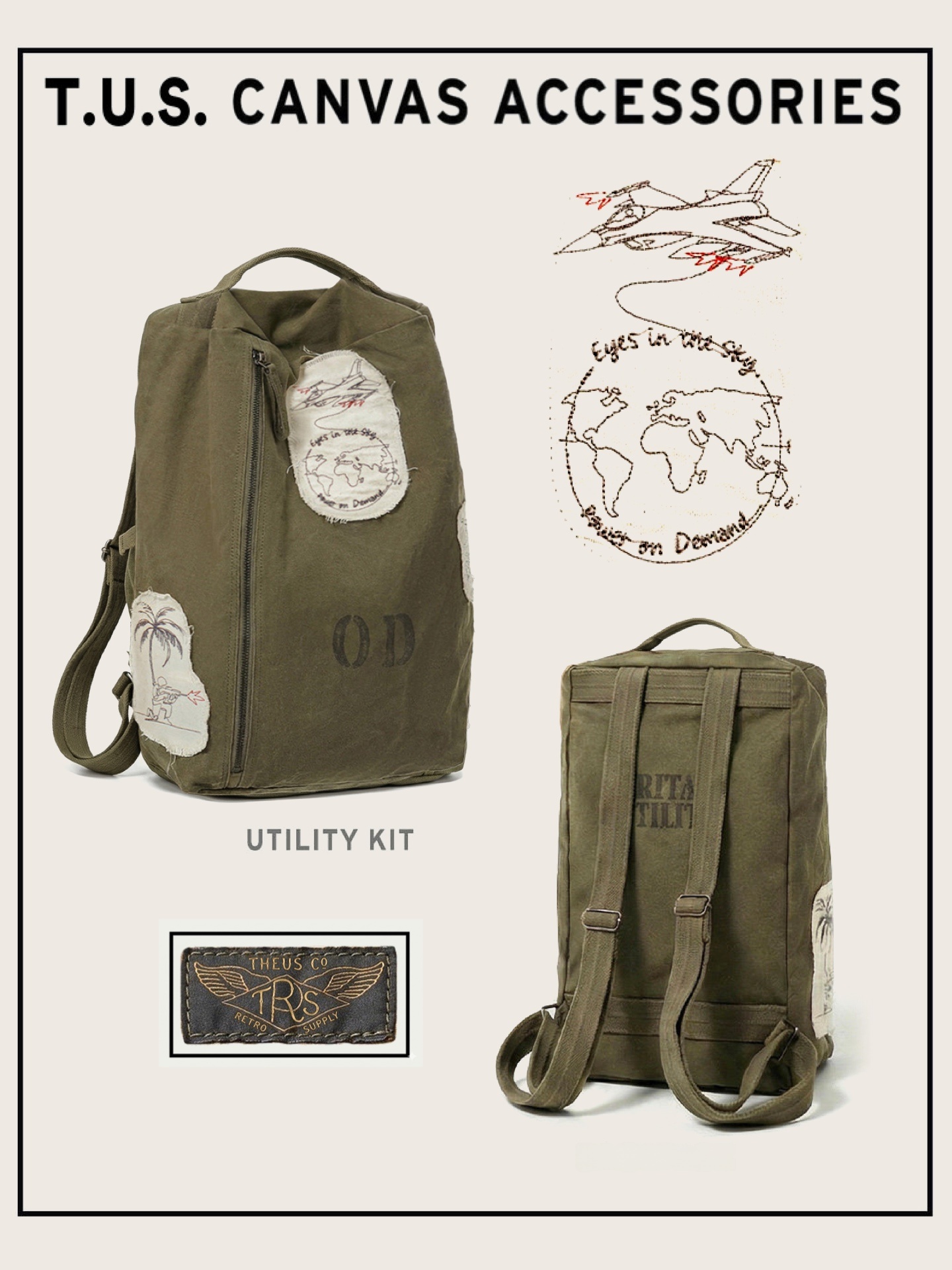 Canvas Backpack Casual - Retro Yıkanmış Askeri Patchwork Pamuk Kanvas