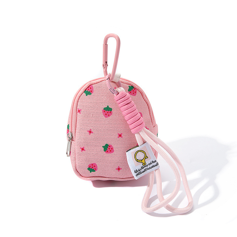 Mini Backpack Purse - Pembe Çilek Baskılı Mini bozuk para